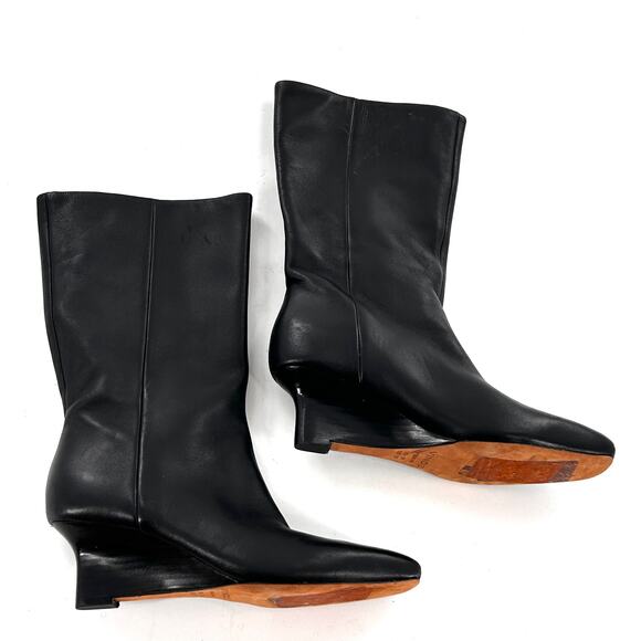 Vince Beverly Leather Wedge Boots 6 Black NWOT Mid Calf Booties Academia Career - Picture 10 of 12